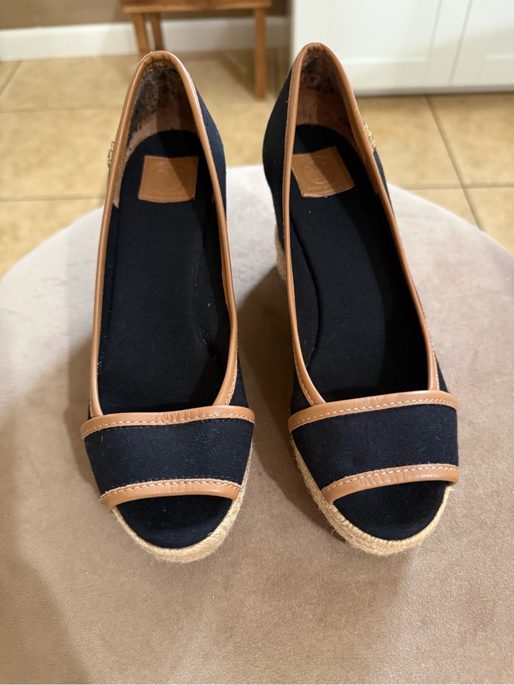 Tory Burch Women’s Black Espadrille Peep-Toe Flats with Tan Trim